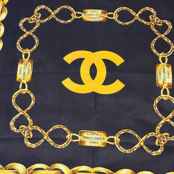 Vintage Chanel 31 Rue Cambon Silk Scarf | Black & Gold Chain Link Design - Picture 2 of 5